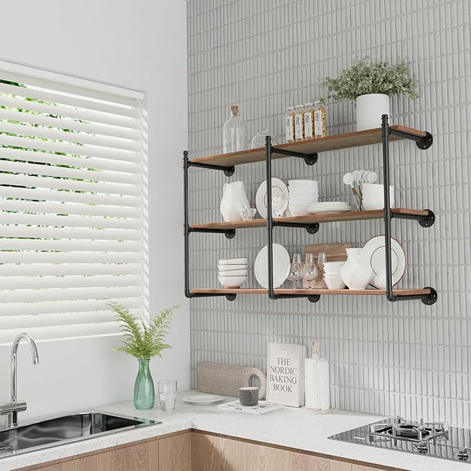 Industrial Pipe Shelf Brackets Wall Mount, Open Black Pipe Shelving - Image 4