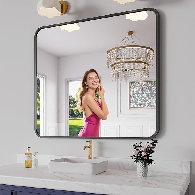 Koonmi Bathroom Mirror, 36X40 Inch Black Metal Framed Mirror by KOONMI