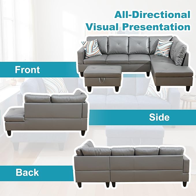Couches for Living Room Faux Leather L Shaped Couch Comfy 3 Pieces Sectional - Image 6