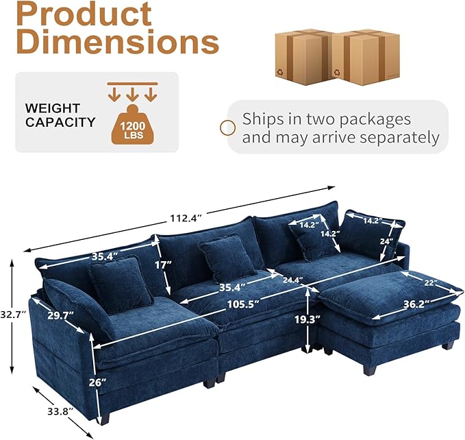 Furniliving 112‘’ L-Shaped Sofa, Luxury Chenille Modular Sectional Couches - Image 2