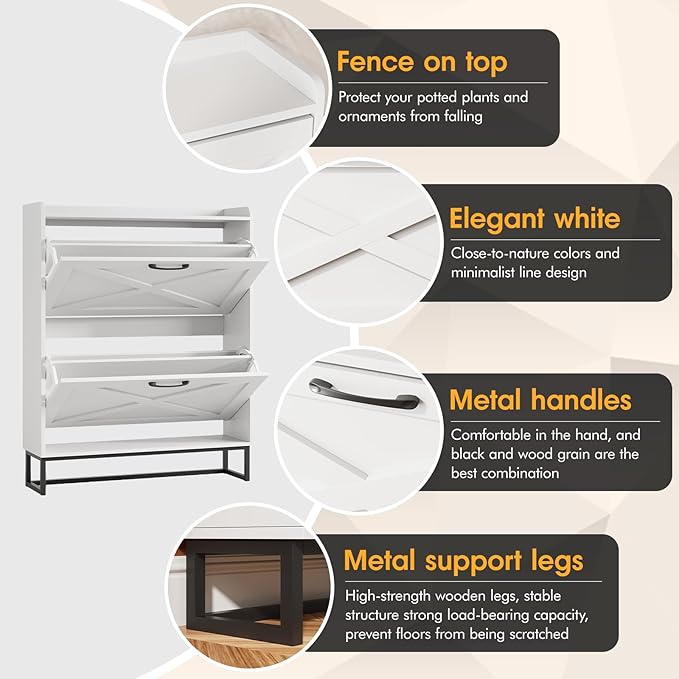 Maupvit Shoe Cabinet with 2 Flip Drawers, Freestanding Shoe Cabinet Organizer - Image 4