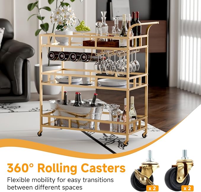 TONGMO Gold Bar Carts with 3 Tier Mirror Shelves, Home Bar Cart with Wine Rack - Image 4