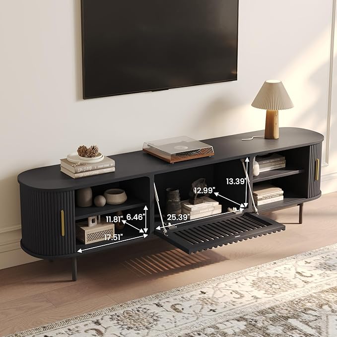 POVISON Fully-Assembled Mid Century Modern TV Stand, Sliding Tambour Door - Image 4