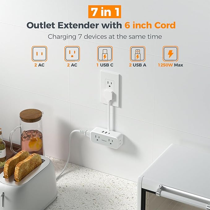TESSAN Multi Plug Wall Outlet Extender, 6 inch Short Extension Cord, Flat Plug - Image 3