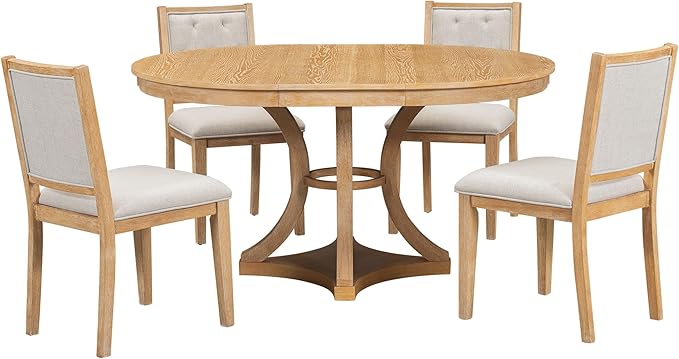 Merax 5-Piece Extendable Round Dining Table Set 42"-58" Retro Functional Table - Image 2