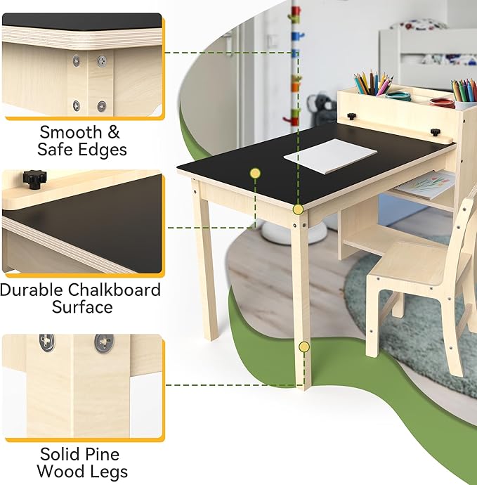 Kids Art Table and Chair Set, Sturdy Beech Wood Study Desk - Image 3