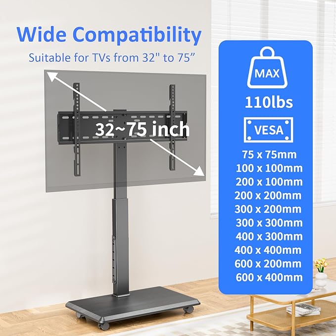 Rolling TV Stand with Power Outlet, Mobile TV Stand - Image 2