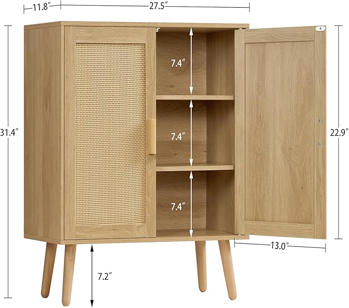 Iwell Storage Cabinet with 2 Shelves, Rattan Cabinet with 2 Doors, Sideboard - Image 3