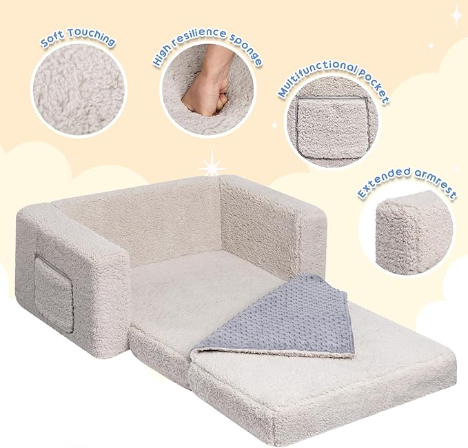 ALIMORDEN Fold Out Toddler Couch, Extra Wide Comfy 2-in-1 Cuddly Sherpa Sofa - Image 7