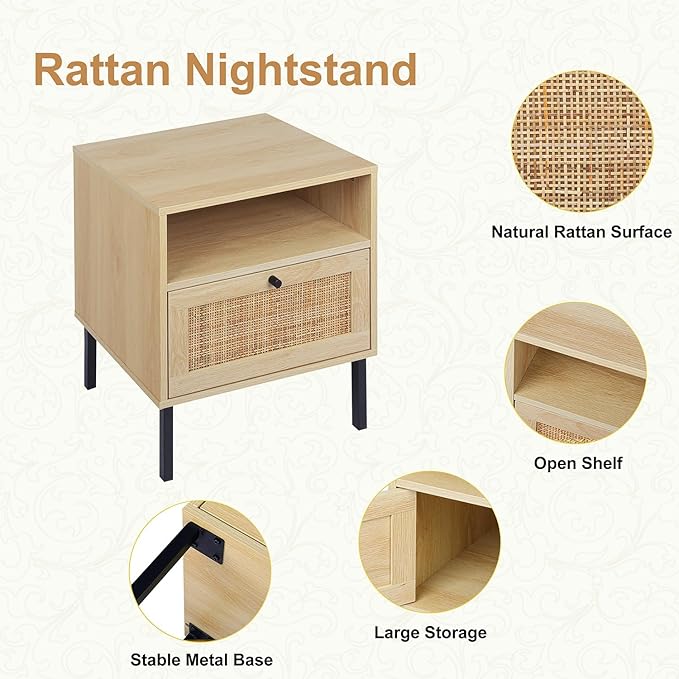 Rattan Nightstands Set of 2, Boho Night Stand - Image 5