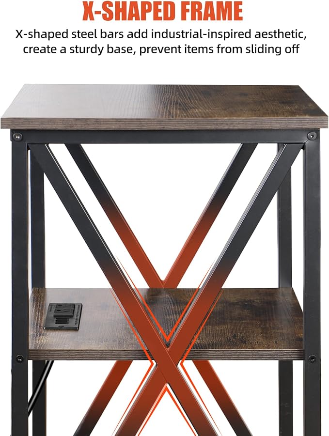 TooCust 3 Tier End Table with Charging Station, Metal and Brown Bedside Table - Image 5