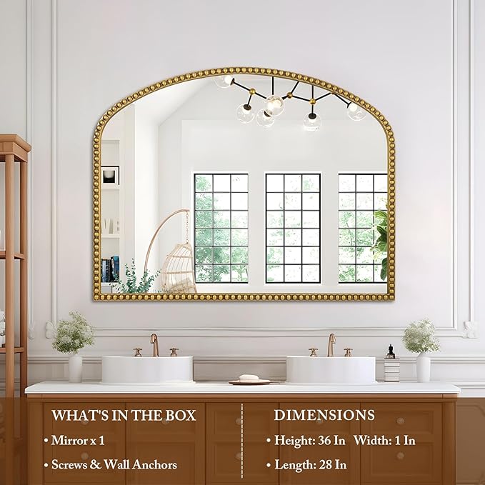 28"x36" Large Arch Wall Mirror, Decorative Beaded Frame Hanging Vanity Mirror - Image 6