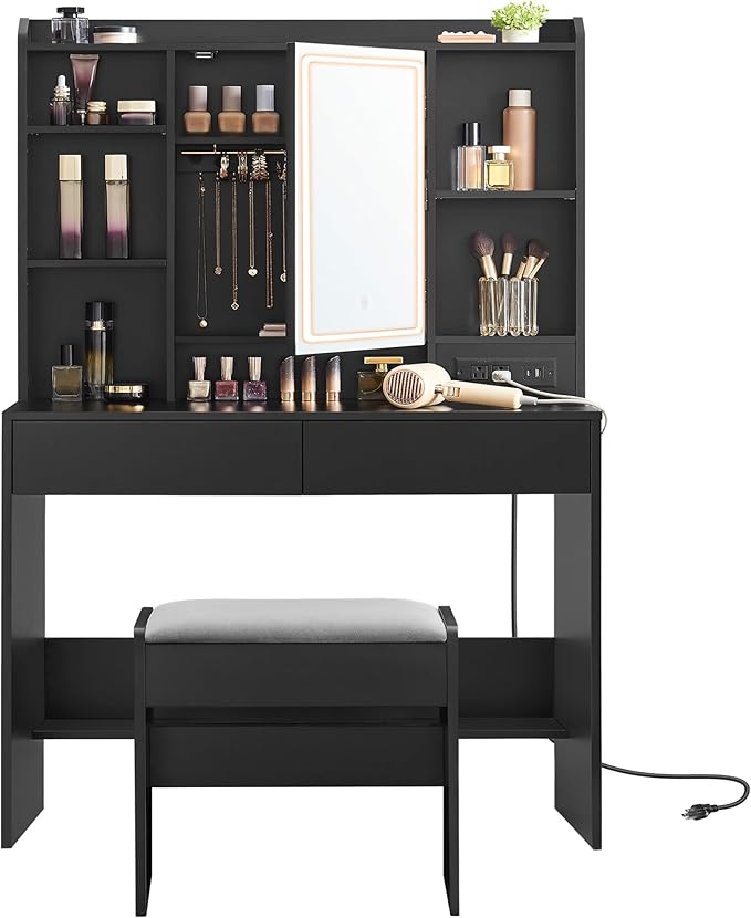 VASAGLE Vanity Desk with Power Outlets, Makeup Vanity with Mirror and Lights by VASAGLEbySONGMICSHOME