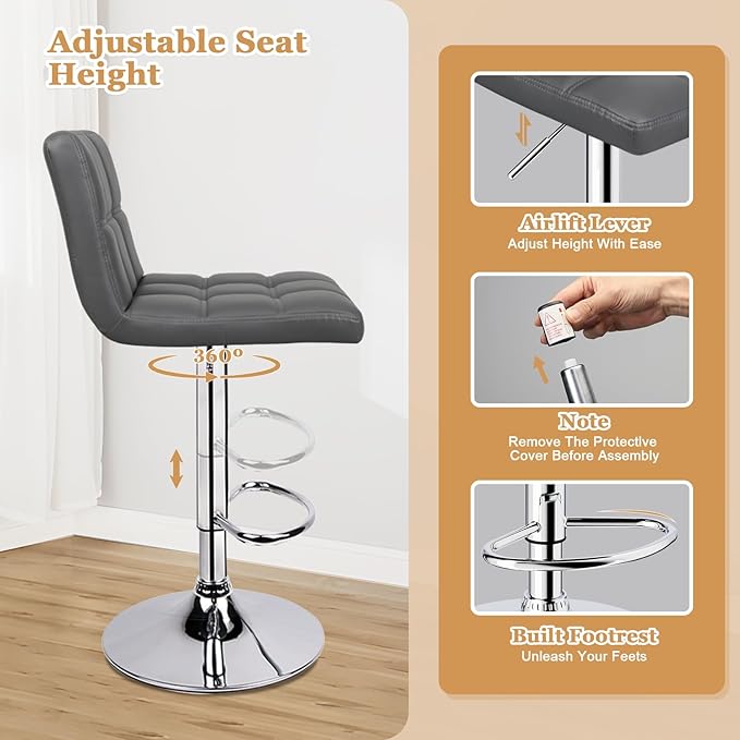 Bar Stools Set of 2, Armless Adjustable Swivel Barstools - Image 6