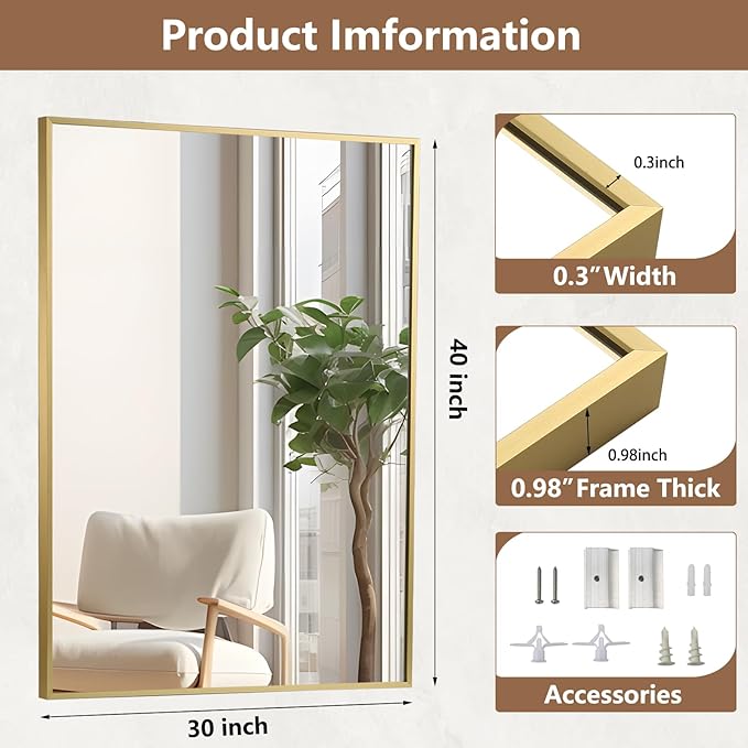 Gold Bathroom Mirror, Brushed Gold Mirror, Metal Frame Square Corner Vanity - Image 5