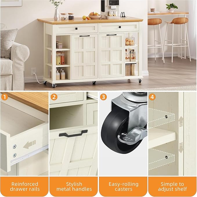 DWVO Kitchen Island with Drop Leaf, Tilt Out Trash Can Cabinet, Mobile Storage - Image 6