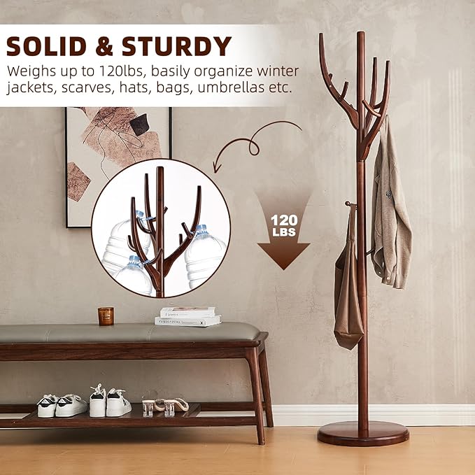 Uniclinens Coat Rack Freestanding Solid Wood Coat Tree Standing - Image 5