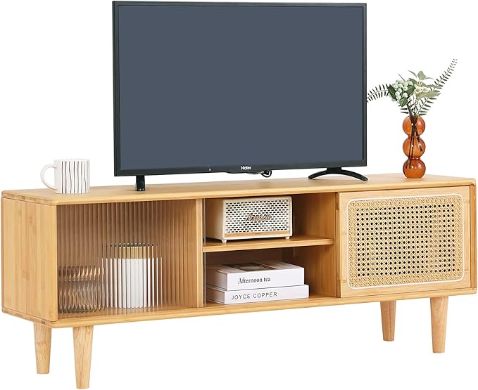 Tiita Rattan TV Stand for 55 Inch TV, Bamboo TV Cabinet - Image 3