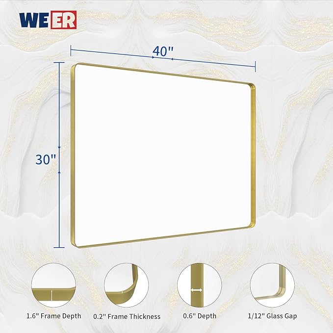 WEER Gold Bathroom Mirror, 40X30 Inch Brushed Gold Metal Frame Mirror, Rounded - Image 6