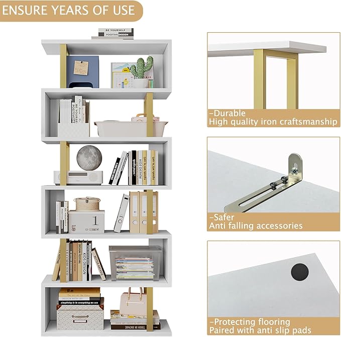 SORCEDAS Bookshelf Geometric Bookcase S Shaped Industrial Bookshelf Storage - Image 6