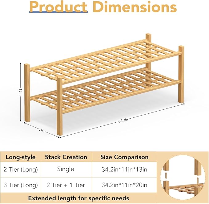 Haddockway Long 2 Tier Bamboo Shoe Rack Storage Organizer, Small Space - Image 3