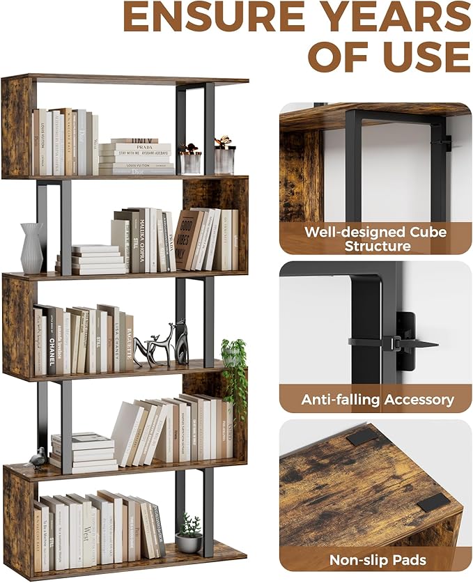 Gadroad 5-Tier Geometric Bookcase, S Shaped Bookshelf, Wood Decorative Storage - Image 6