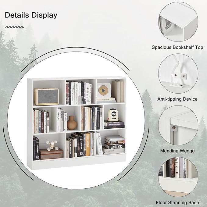YAHARBO White 10 Cube Bookshelf, 3 Tier Modern Horizontal Bookcase, Wooden Low - Image 5