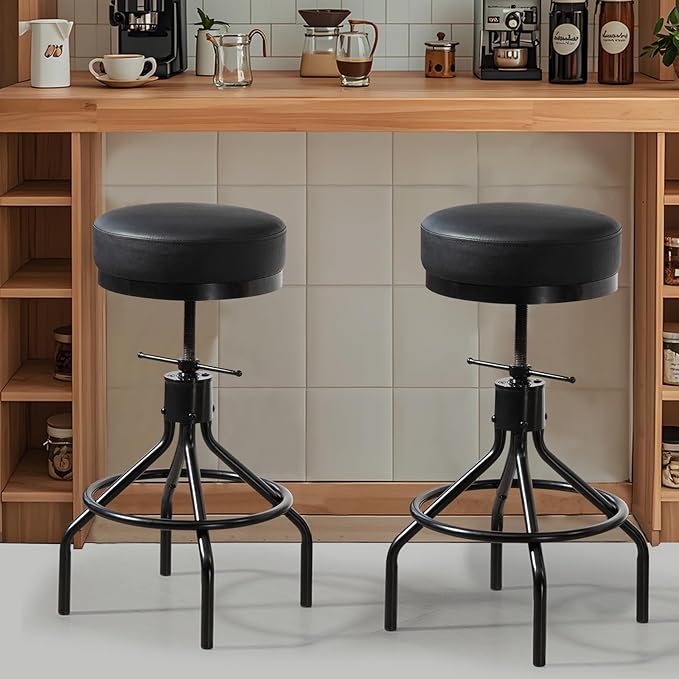 Industrial Bar Stools Set of 3 Adjustable Barstools Swivel Modern PU Leather - Image 2