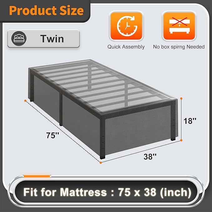 18 Inch Twin Bed Frames with Black Bed Cover, Metal Twin Size Bed Frame No Box - Image 2