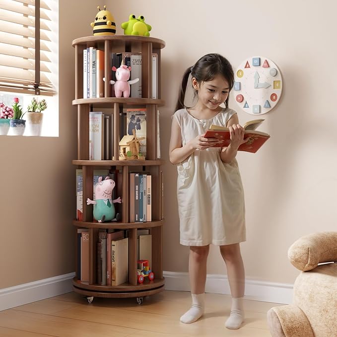 Solid Wood Rotating Bookshelf on Wheels, 4 Tier, Round Revolving Bookcase - Image 3