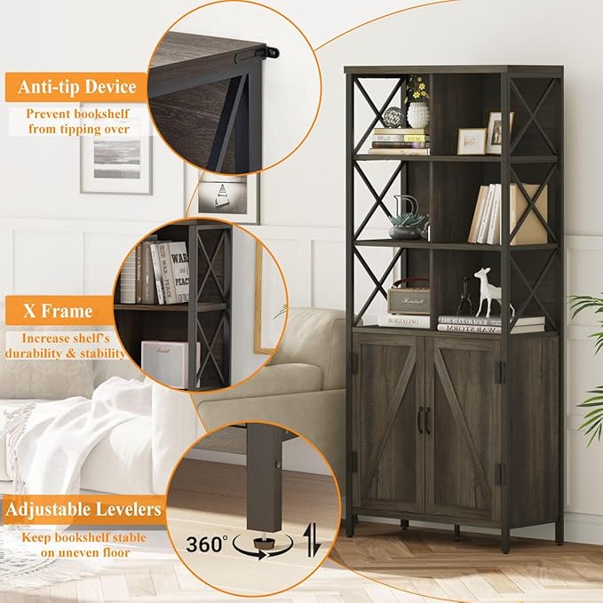 FATORRI Industrial Tall Bookshelf, Rustic Bookcase - Image 4