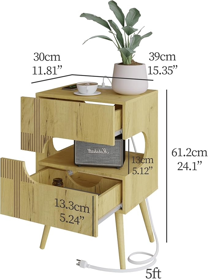 Nightstand with Charging Station and LED Lights, Modern Bedside Table with 2 - Image 3