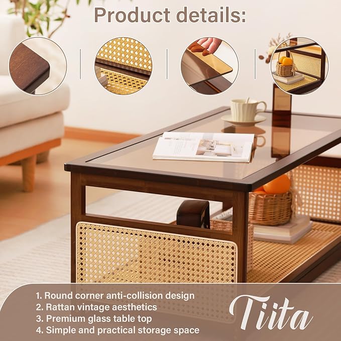 Tiita Coffee Tables for Living Room，Mid Century Modern Storage 2-Tier Coffee - Image 4