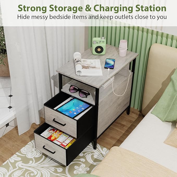 End Table with Charging Station, Narrow Side Table with 2 Fabric Drawer & - Image 5