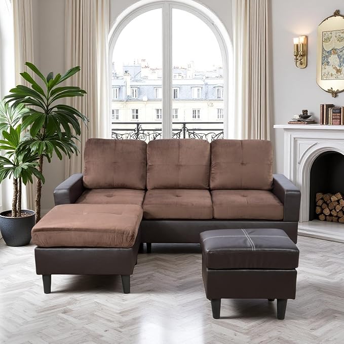 L Shaped Sofa with Ottoman, Modern Faux Leather Couch with Chaise, 3 Seat - Image 4
