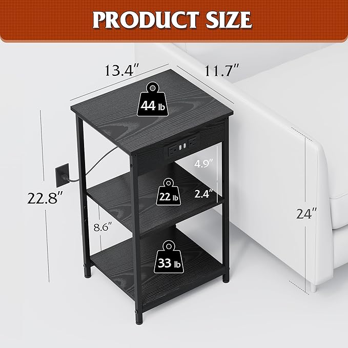 WLIVE Black End Table with Charging Station, Slim Night Stand with 3 Storage - Image 3