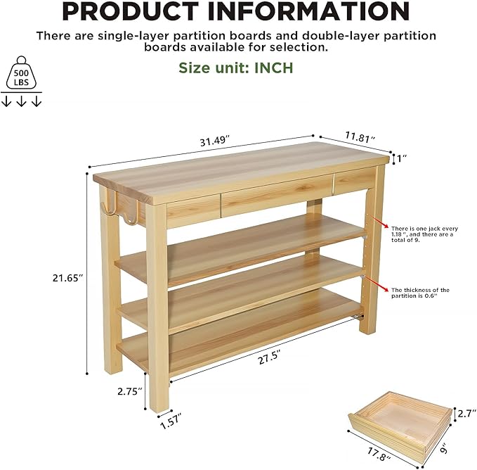 Wood Shoe Bench Entryway with Drawer: 3-Tiers Wooden Storage Shoe Rack with - Image 2