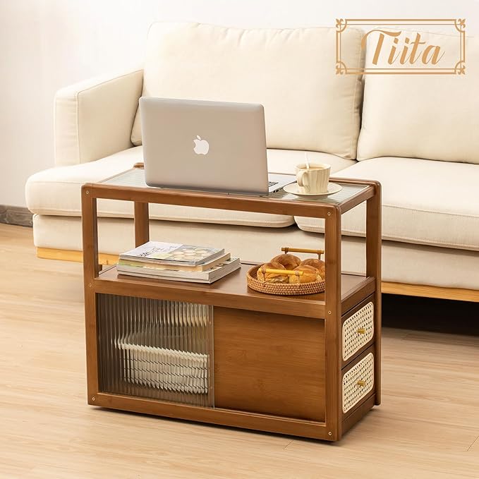 Tiita Rattan Nightstand Side Table, Bamboo Accent Bedside Tables, Glass Coffee - Image 6