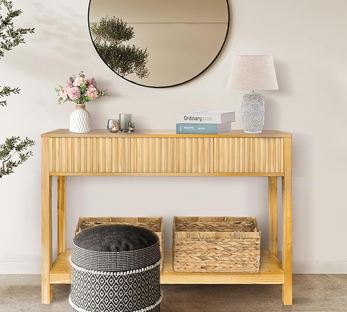 Long Console Table with Storage, Fluted Entryway Slim Sofa Tables Behind Couch - Image 2