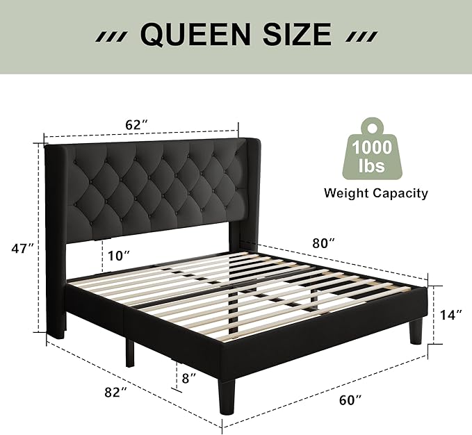 Feonase Queen Bed Frame with Upholstered Wingback Headboard, Platform Bed and - Image 2