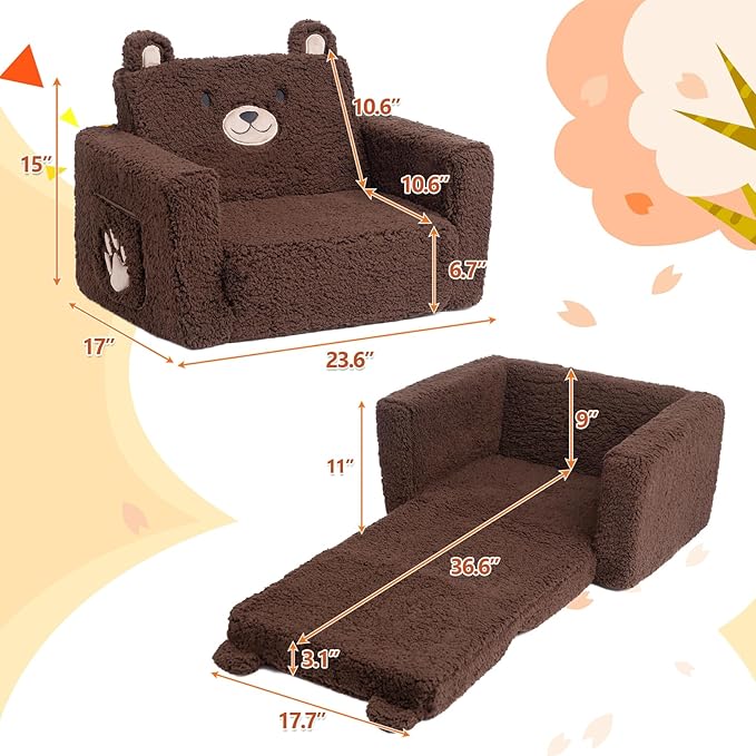 ALIMORDEN Fold Out Toddler Couch, Comfy 2-in-1 Cuddly Sherpa Bear Chair - Image 3