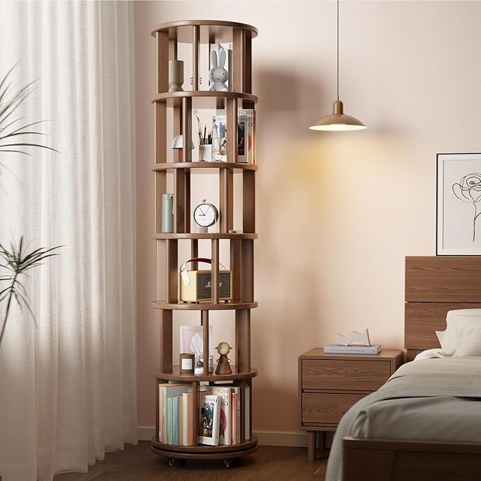 Solid Wood Rotating Bookshelf on Wheels, 6 Tier, Round Revolving Bookcase - Image 8