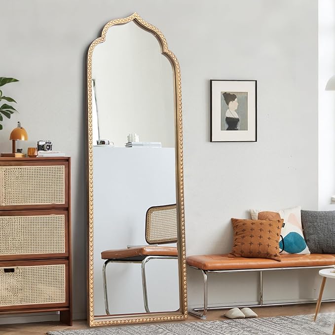 Large Gold Arched Mirror, Metal Beaded Frame Vintage Mirror, Scalloped Full - Image 3