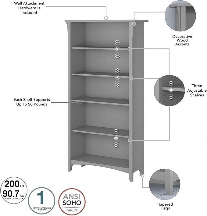 Bush Furniture Salinas 5 Shelf Bookcase in Cape Cod Gray, Tall Bookshelf - Image 4