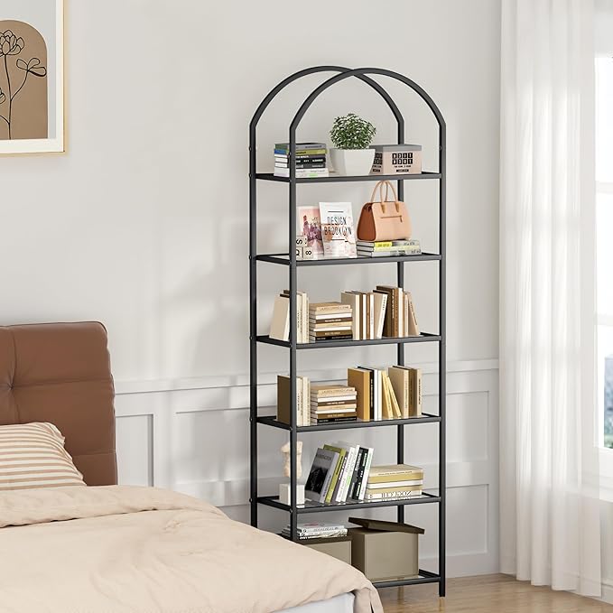 Homhedy Bookshelf Arched Display Racks, Metal Bookcase, Tempered Glass Shelves - Image 3
