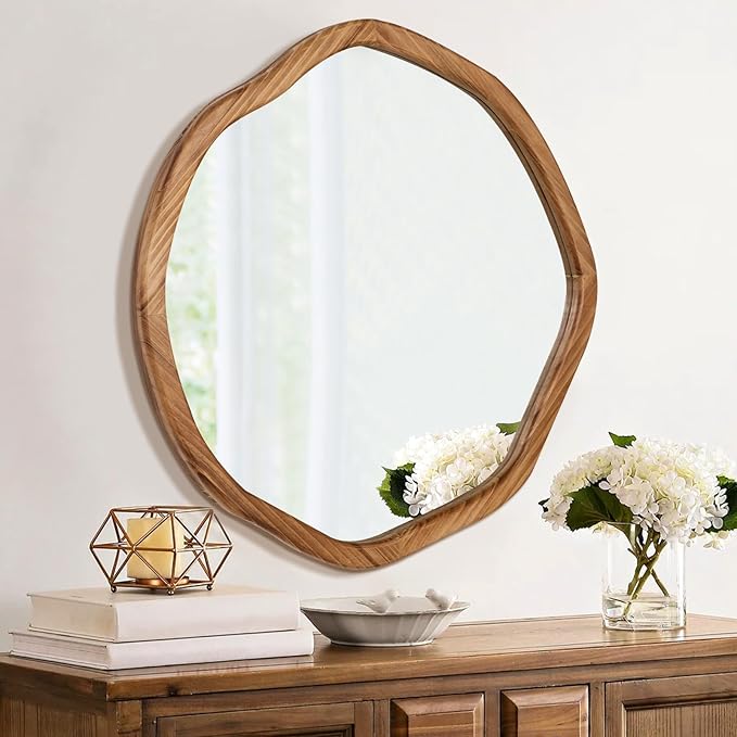 ULIKE Round Wood Mirror 24 Inch Circle Wall Mirror, Asymmetrical Bathroom - Image 7
