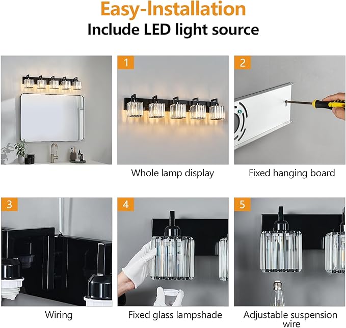 Modern Bathroom Vanity Light 5-Lights Plating Black Vanity Light Crystal Wall - Image 7