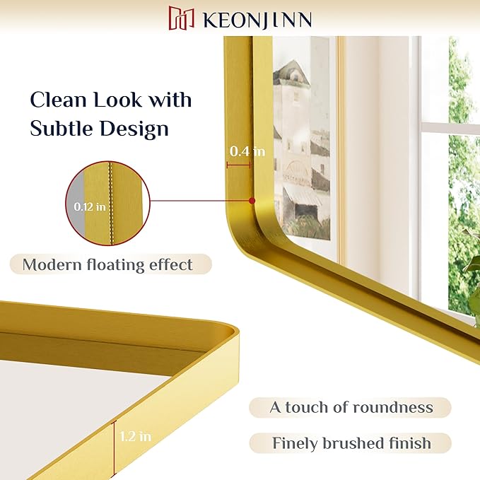 Keonjinn Gold Bathroom Mirror for Over Sink, Large Rounded Rectangle Gold - Image 3