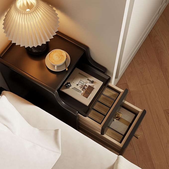 Small Nightstand with Drawers, Solid Wood Bedside Table, Narrow Walnut - Image 3