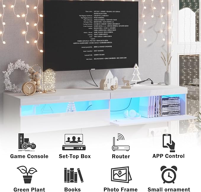 Floating TV Stand with Led Lights, 71 inch Wall Mounted TV Shelf with Power - Image 4